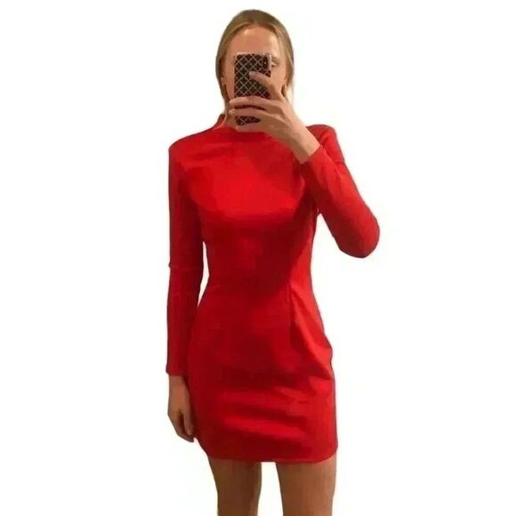 H&M Nikki Minaj Red Poly Scuba Fitted Mock Neck Long Sleeve Dress NEW - Picture 2 of 16